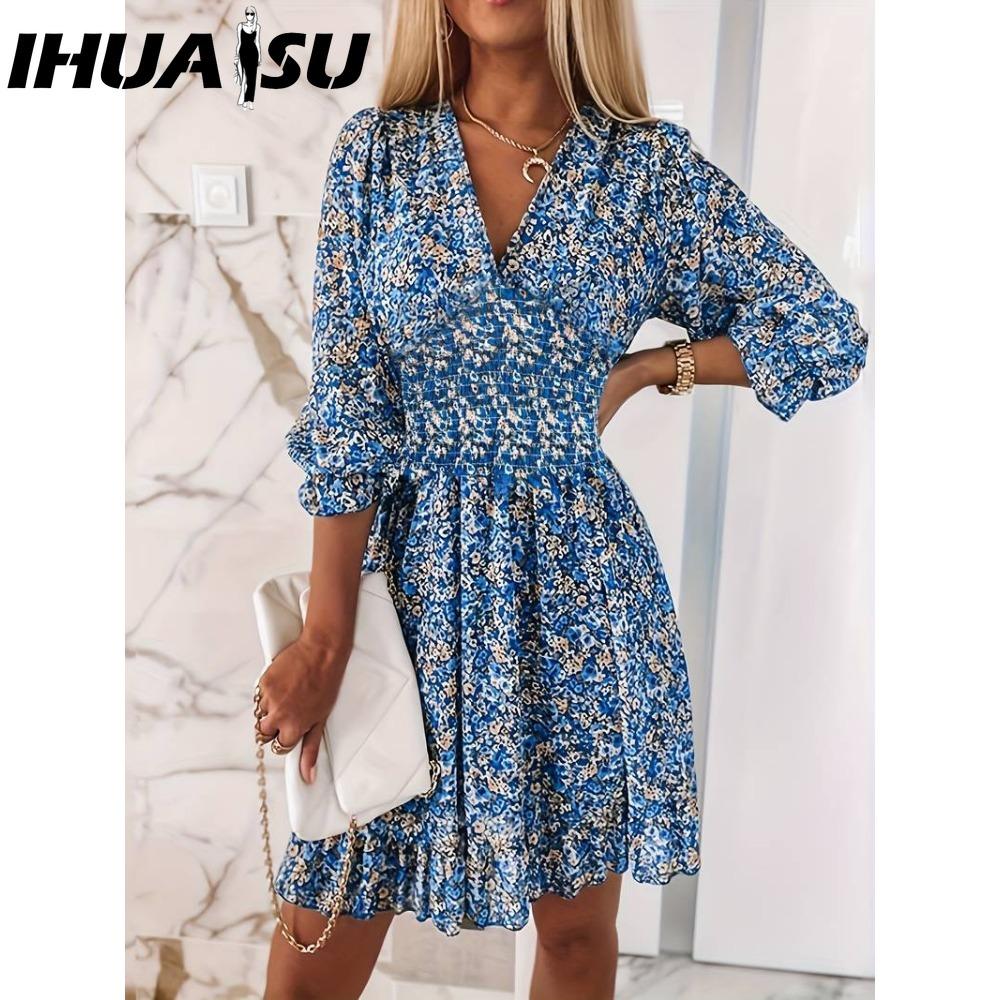 IHUASU Summer Floral Print Mini Dresses Women Vintage Sexy A-Line V-Neck Half Sleeve Party Dress Female Casual Elegant Beach Dress