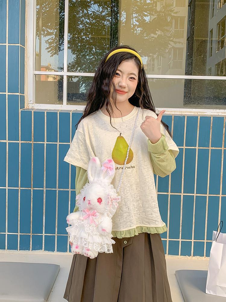 Japanese Lolita Bunny Plush Bag With Pearl Chain For Daily Fashion And Cute Storage