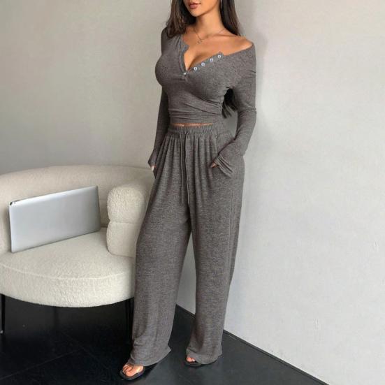 Women's 2 Piece Lounge Sets Long Sleeve Button Up Crop Top Wide Leg Pants Matching Outfit Casual Fall Spring Tracksuits