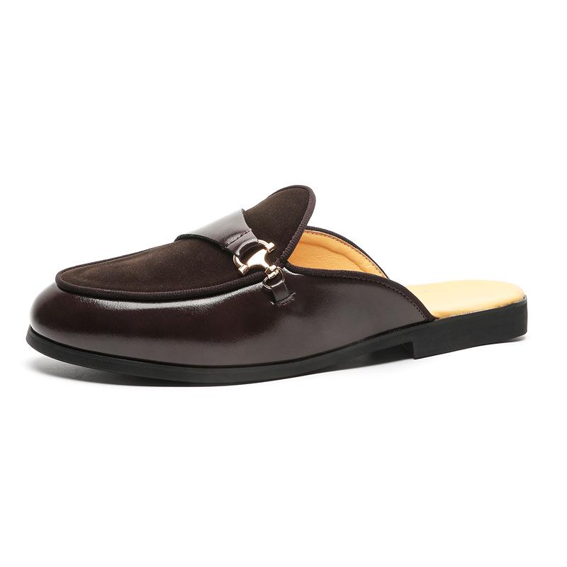Men s Summer Breathable Slip-On Leather Slippers - Large Size, Light Luxury, Backless Design 41 коричневый