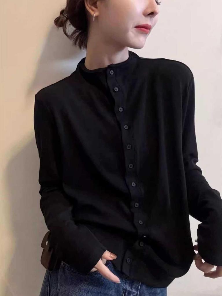 A/W White Half-High Collar Long Sleeve Button-Up Women's Slimming Cardigan Top
