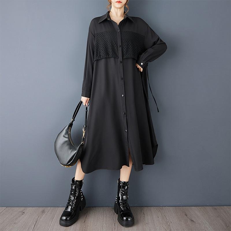 Langarm Übergröße Schwarz Vintage Neu in Kleider für Damen lässig locker Frühling Herbst Hemdkleid