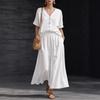 2026 Cross-border Foreign Trade Spring/Summer New Cotton-Linen V-Neck Buckle Button Short-Sleeve Top and Skirt Set