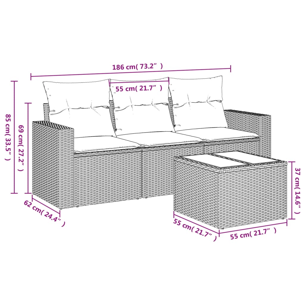 Vidaxl 4-Cz. Garden Lounge Set, Cushions, Grey, Rattan PE