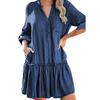 V-Ausschnitt Einreihiges Denim-Kleid Aufkrempelärmel Rüschensaum Einfarbiges Mini-Kleid Streetwear