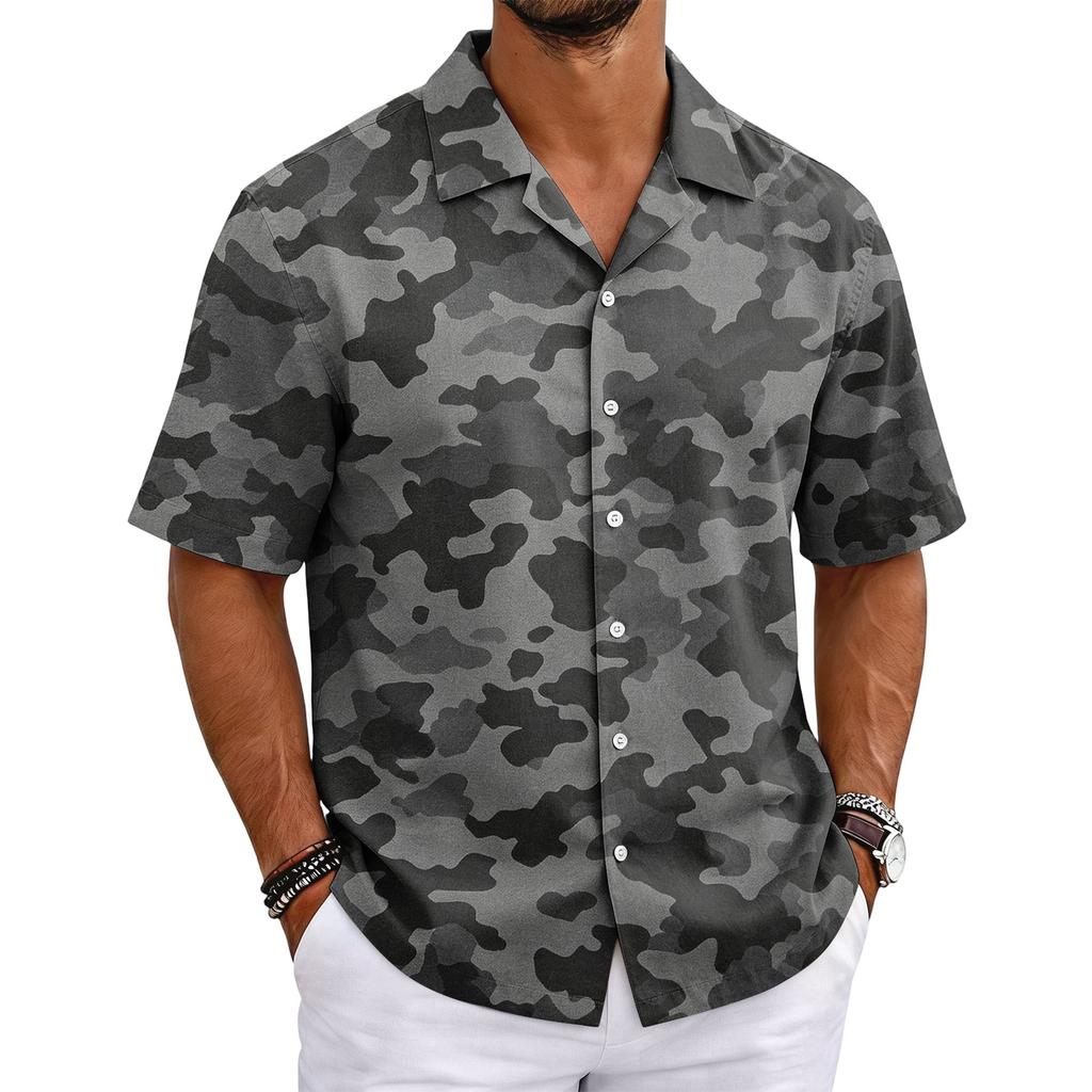 Men's Camouflage Short Sleeve Cuban Collar Shirt Lightweight Breathable Casual Button Down Shirt Summer Beachwear