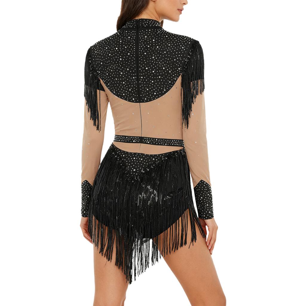 Maillot de patinage artistique pour femme à manches longues, body à paillettes et franges, entrejambe ouvrable, fermeture éclair dans le dos, combinaison de couleur contrastante avec strass