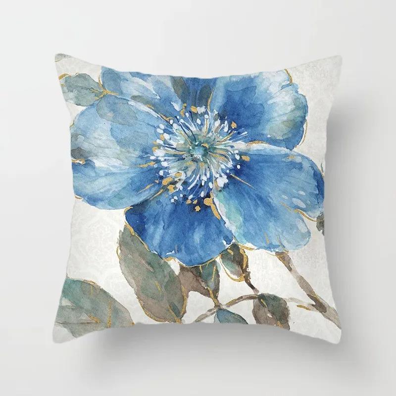 Blue Flower and Bird Print Decorative Pillowcase Living Room Office Ornaments Home Pillowcase