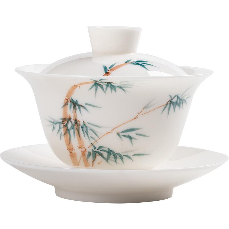 Hand-Painted Suet Jade Hover Lid Bowl Teacup Single Ceramic Suspension Sancai Tea Bowl White Tea Bubble Tea Bowl Tea Set