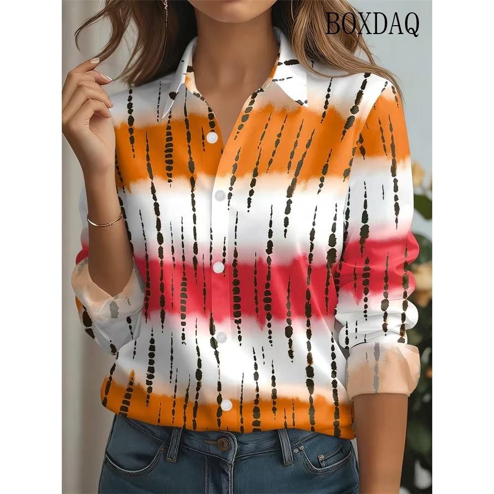 Elegant Ladies Fashion Blouse 2026 Spring Autumn Women's Tie Dye Striped Printed Shirts Casual Long