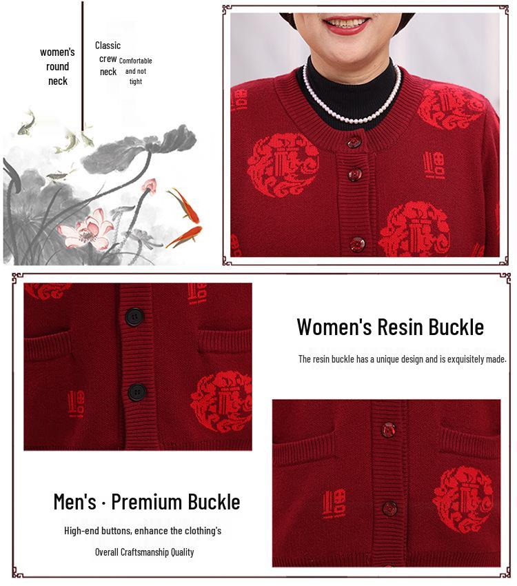Year-Round Fu Character Sweater for Middle-Aged & Elderly Couples - Red Plus Velvet Tang Suit Cardigan