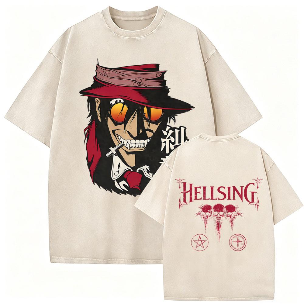 Washed Vintage Anime Hellsing Yumie Takagi Graphic Tshirt Vampire Alucard Merch Tshirts Mens Gothic Manga Oversized T Shirts