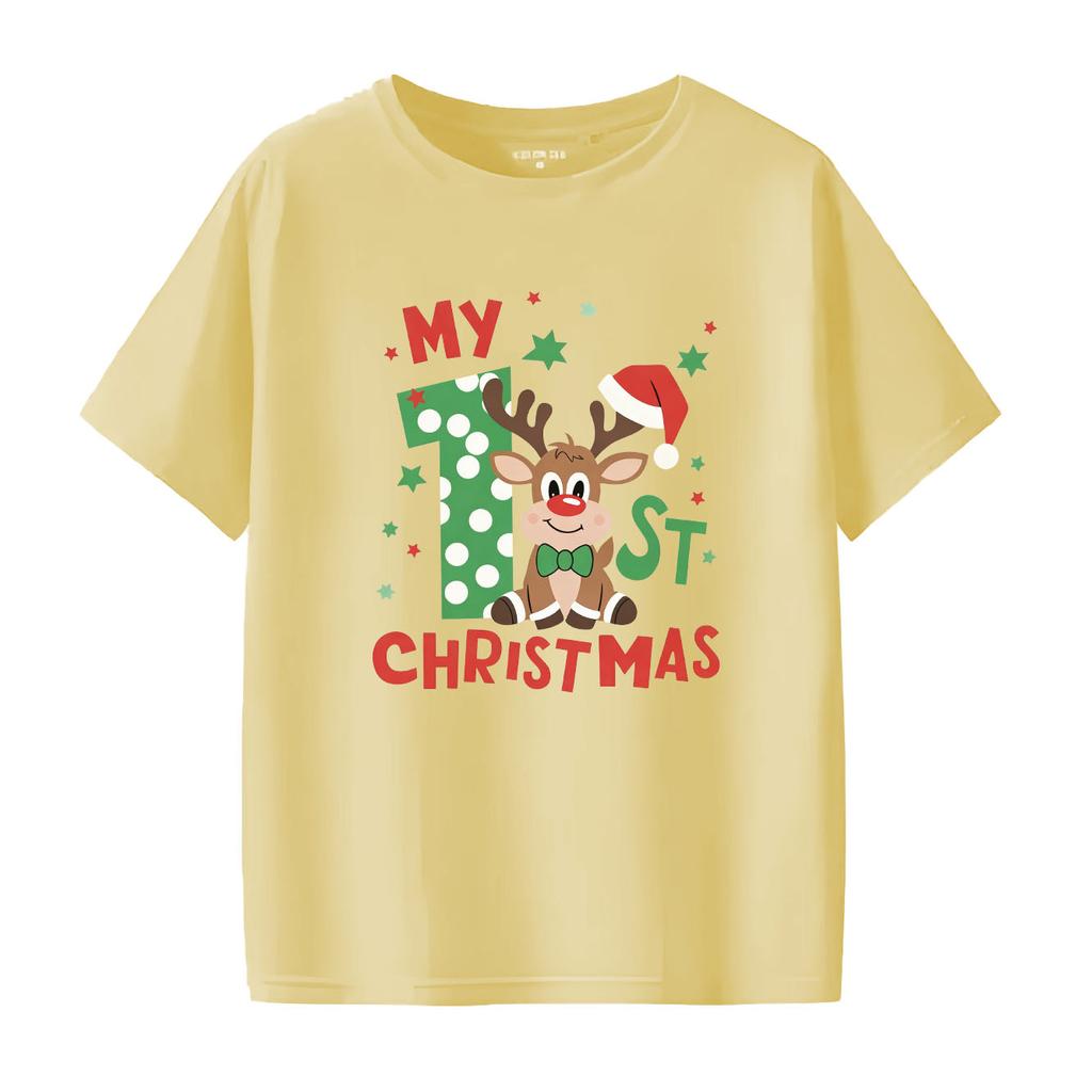 Christmas reindeer cartoon print Womens short sleeved holiday Tshirt summer round neck suitable for daily versatility