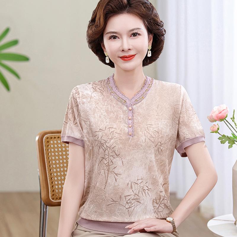 

Mom s Ice Silk T-Shirt for Middle-Aged Women: Short-Sleeve Summer Top for 50s & 60s. 3XL (140-160 jin)