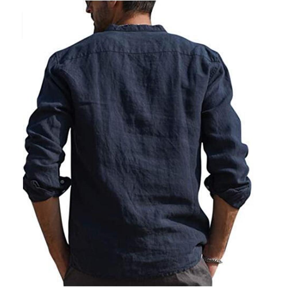 Camicie a maniche lunghe da uomo in cotone e lino, colletto alto, tinta unita estiva, stile casual da spiaggia, taglie forti
