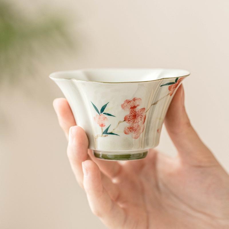 White Porcelain Tea Tureen Handmade Peach Blossom Tea Bowl Ceramic Underglaze Teacups Chinese Kung Fu Gaiwan Teaware Drinkware