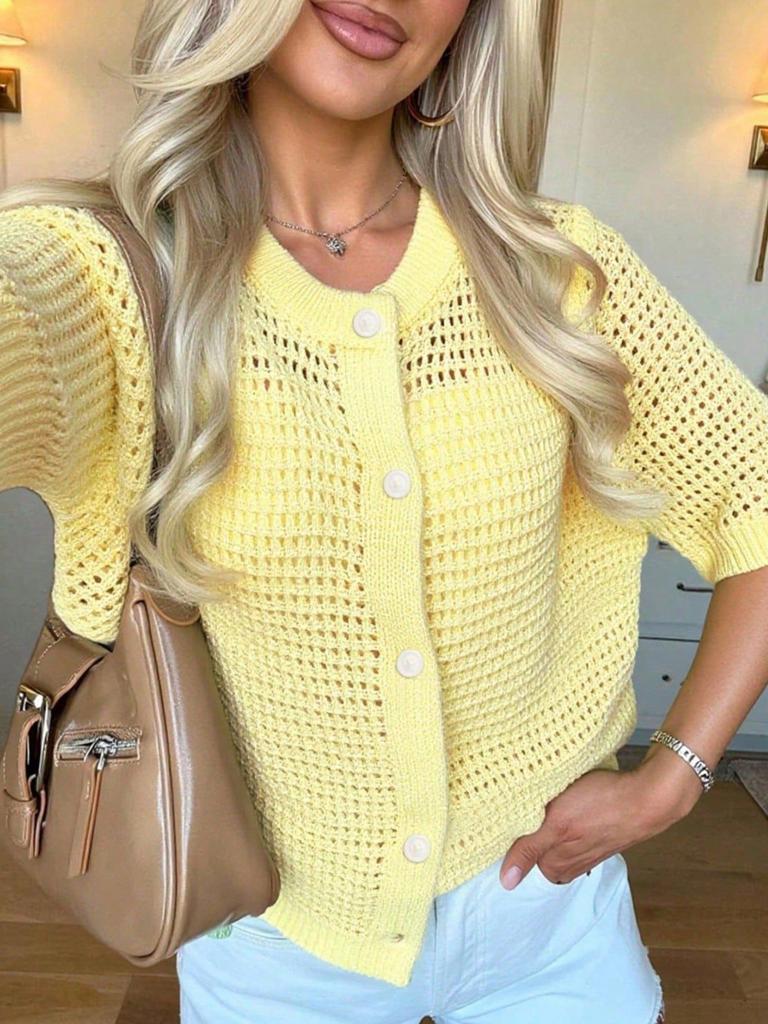 Damen Häkel-Strickjacke mit Ajourmuster, Kurzarm, Knopfleiste, Unifarben, Sommer-Top