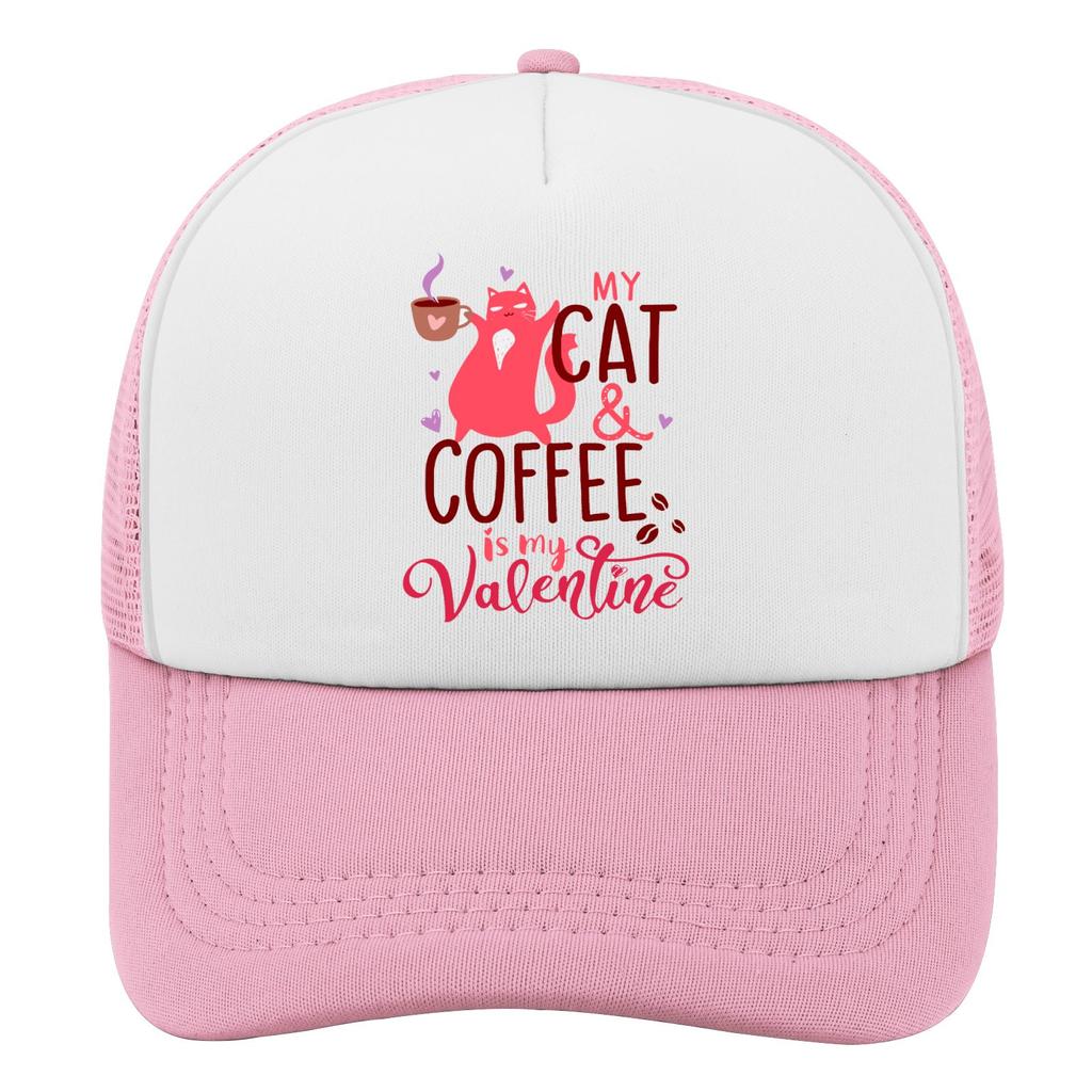 My Cat and Coffee is My Valentine Trucker Hat Polyester Adjustable Casual Baseball Cap