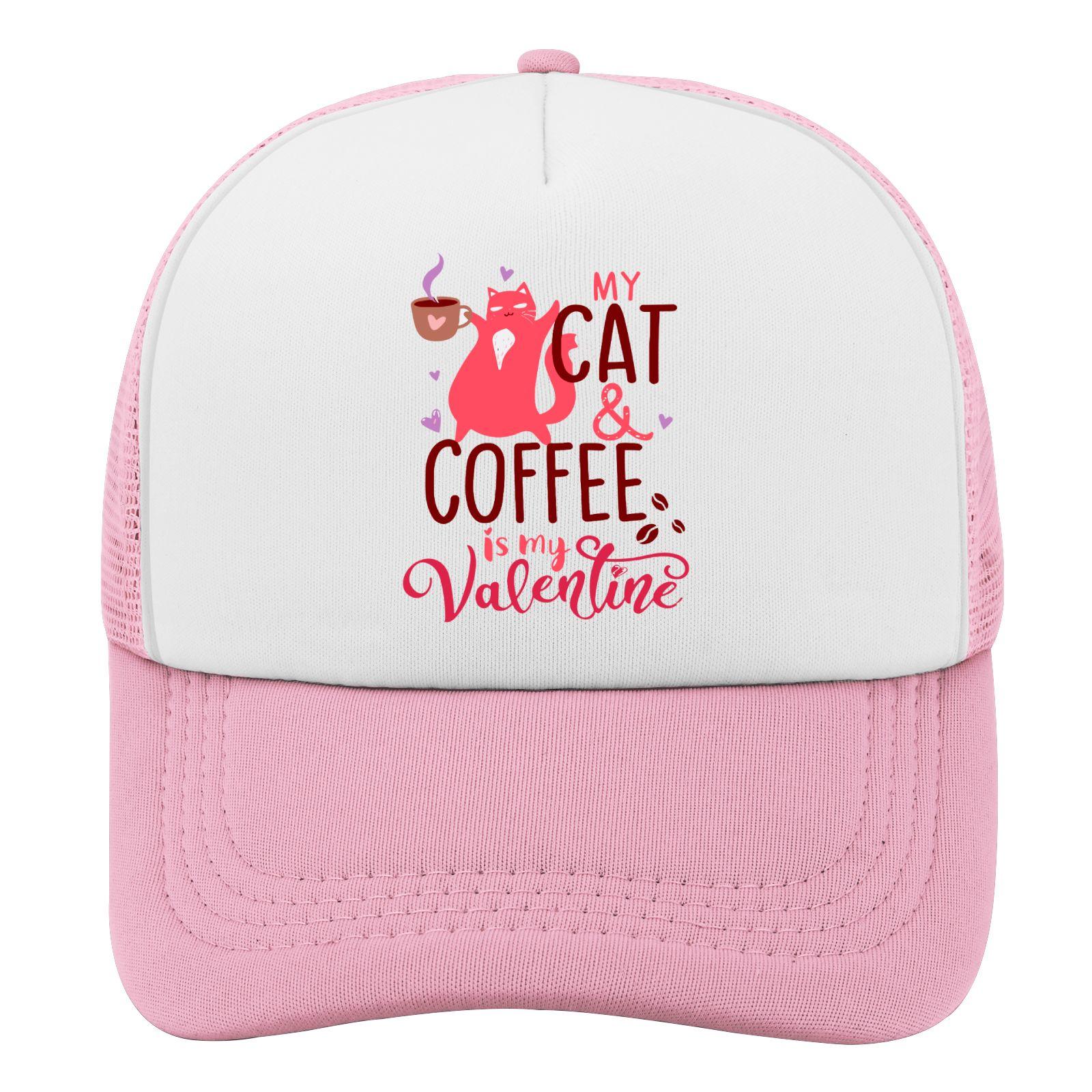 My Cat and Coffee is My Valentine Trucker Hat Polyester Adjustable Casual Baseball Cap One Size