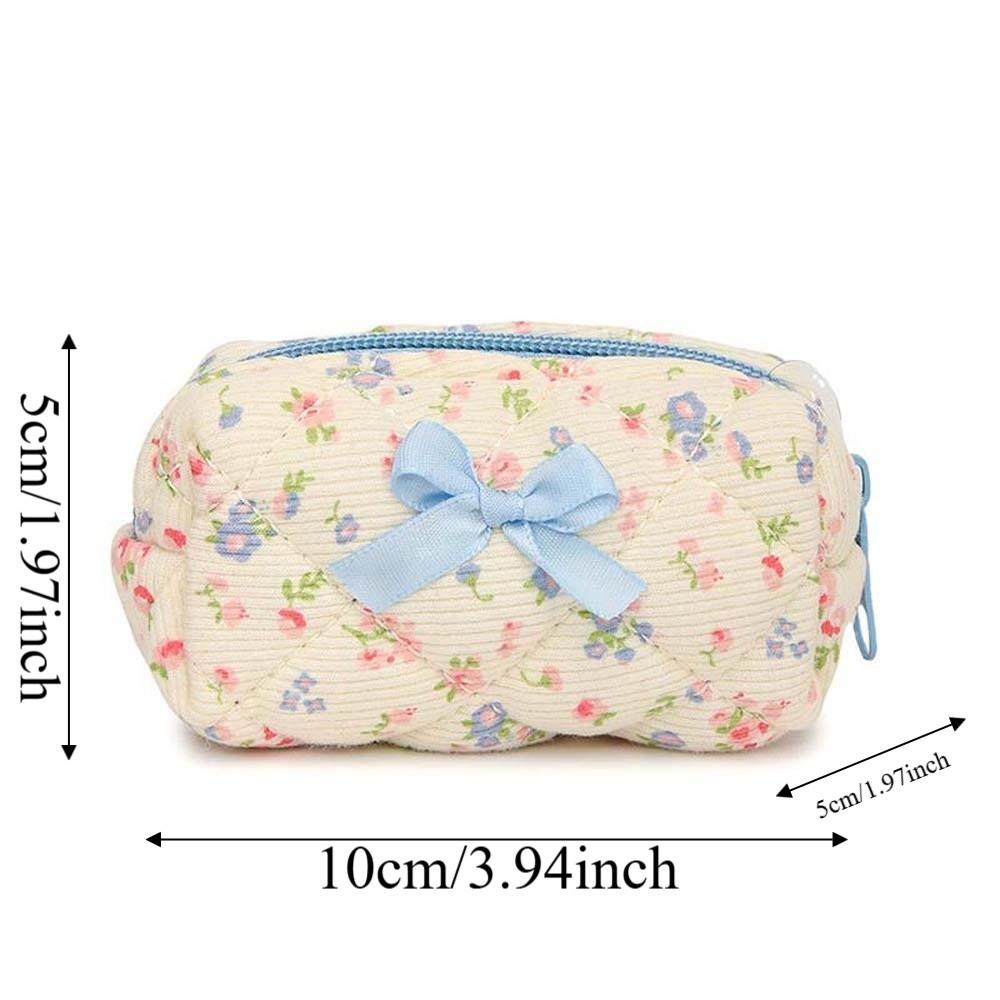 Embroidered Bowknot Quilted Cosmetic Pouch Floral Print Small Coin Purse Teenage Girls