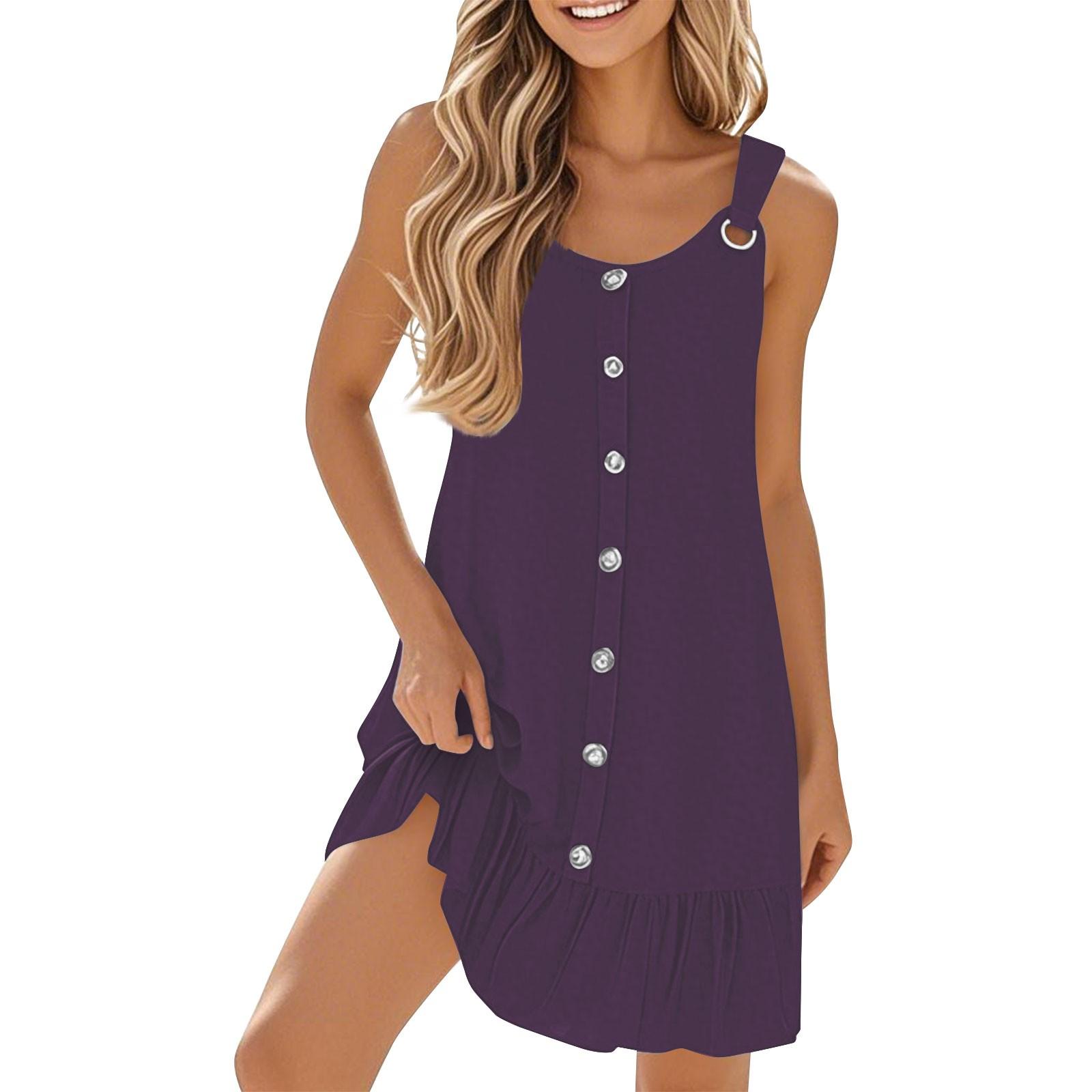 

Women s Casual Sleeveless Button-down Trim Pleated Color Dress M