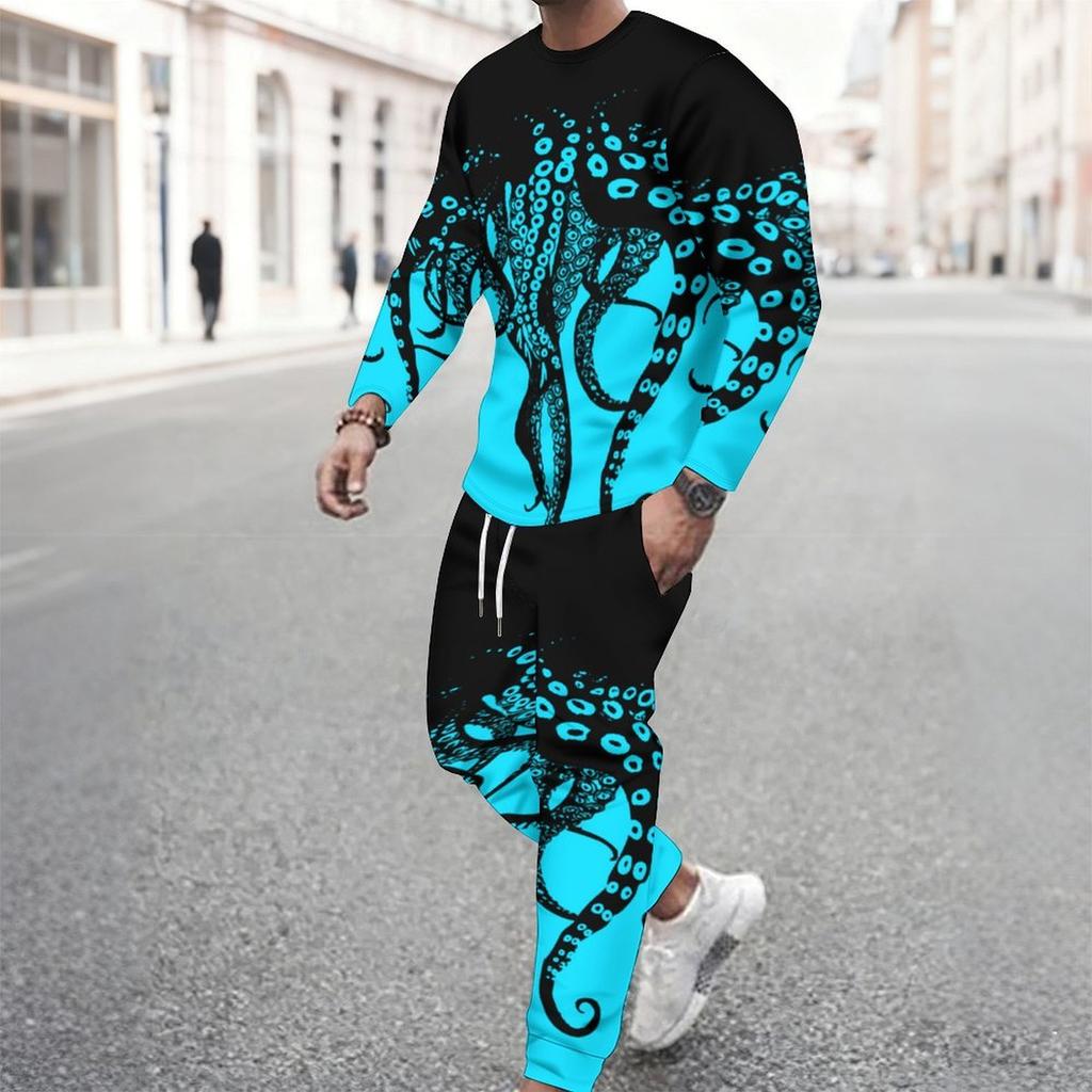 Men Black Cyan Brush Stroke Drip Gradient Print Long Sleeve Sweatshirt Jogger Pants Two Piece Suit