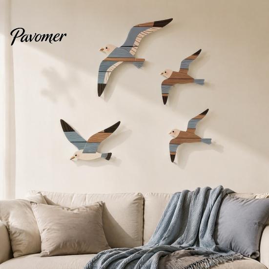 3D Wooden Bird Wall Hanging 3/4Pcs Seagull Decor, Nautical Coastal Theme Art, Natural Wood Texture Decor Adhesive Sculpture for Home Bedroom