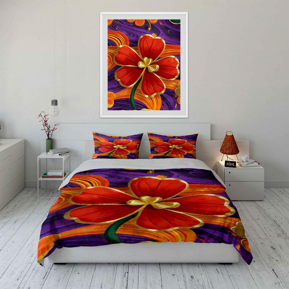 Red flowers with gold. Bedding sets Duvet cover sets Duvet covers Pillowcases(1 * Duvet Cover 2 * Pillowcases without duvet insert)