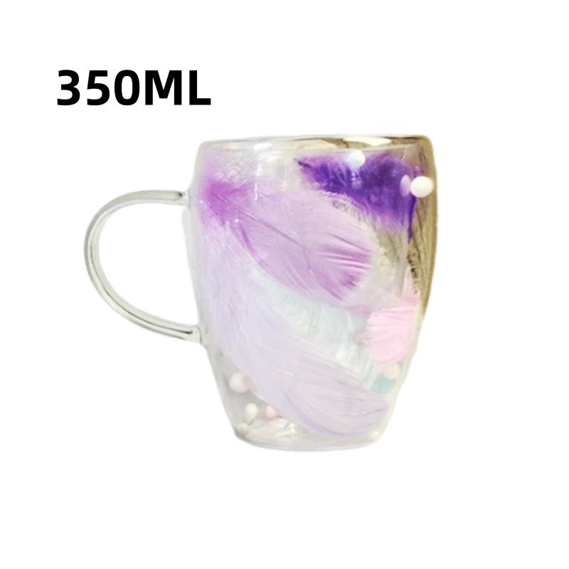 250/350ml Double-layer Glass Coffee Cup with Feather Design Clear Heat-resistant Glass Mug Household Office Cups Creativity Gift