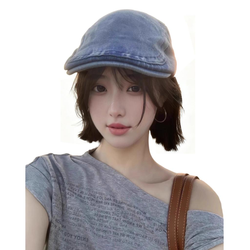 Retro Denim Newsboy Cap Adjustable Forward Flat Hat, Casual Versatile Face Slimming Artist Beret Hat for Men Women