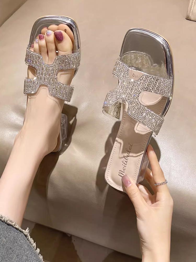 

Модные женские летние тапочки на высоком каблуке со стразами 40 серебряный