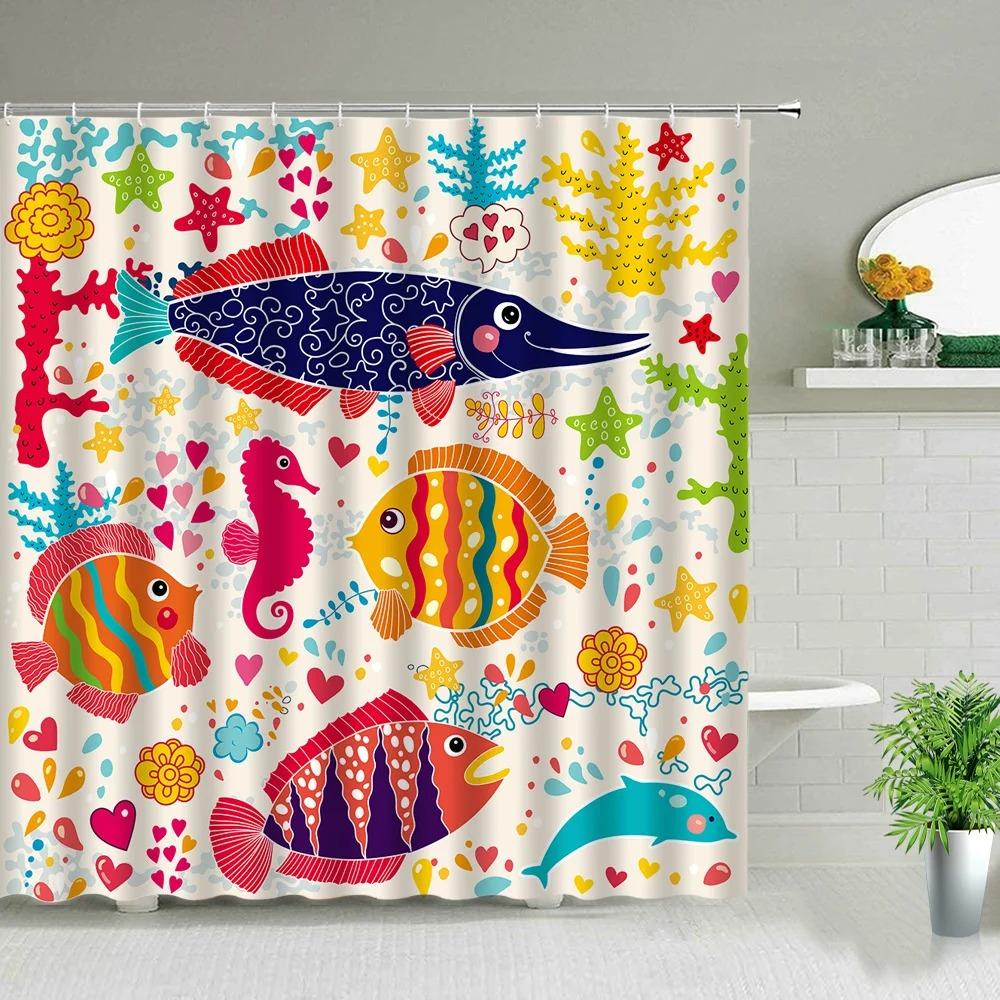 Colorful Cartoons Fish Shark Shower Curtains Ocean Life Children's Bathroom Home Decor Cloth Curtain Set Waterproof Bath Screens