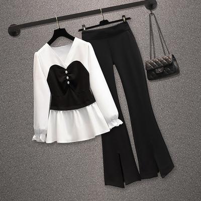 Women's Suit Long Sleeve Top Wide Leg Pants V Neck Stitched Chiffon Shirt Blouse Trousers Two Piece Set Elegant