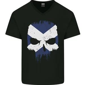 Scotland Skull Scottish Gym Flag Biker Mens V-Neck Cotton T-Shirt