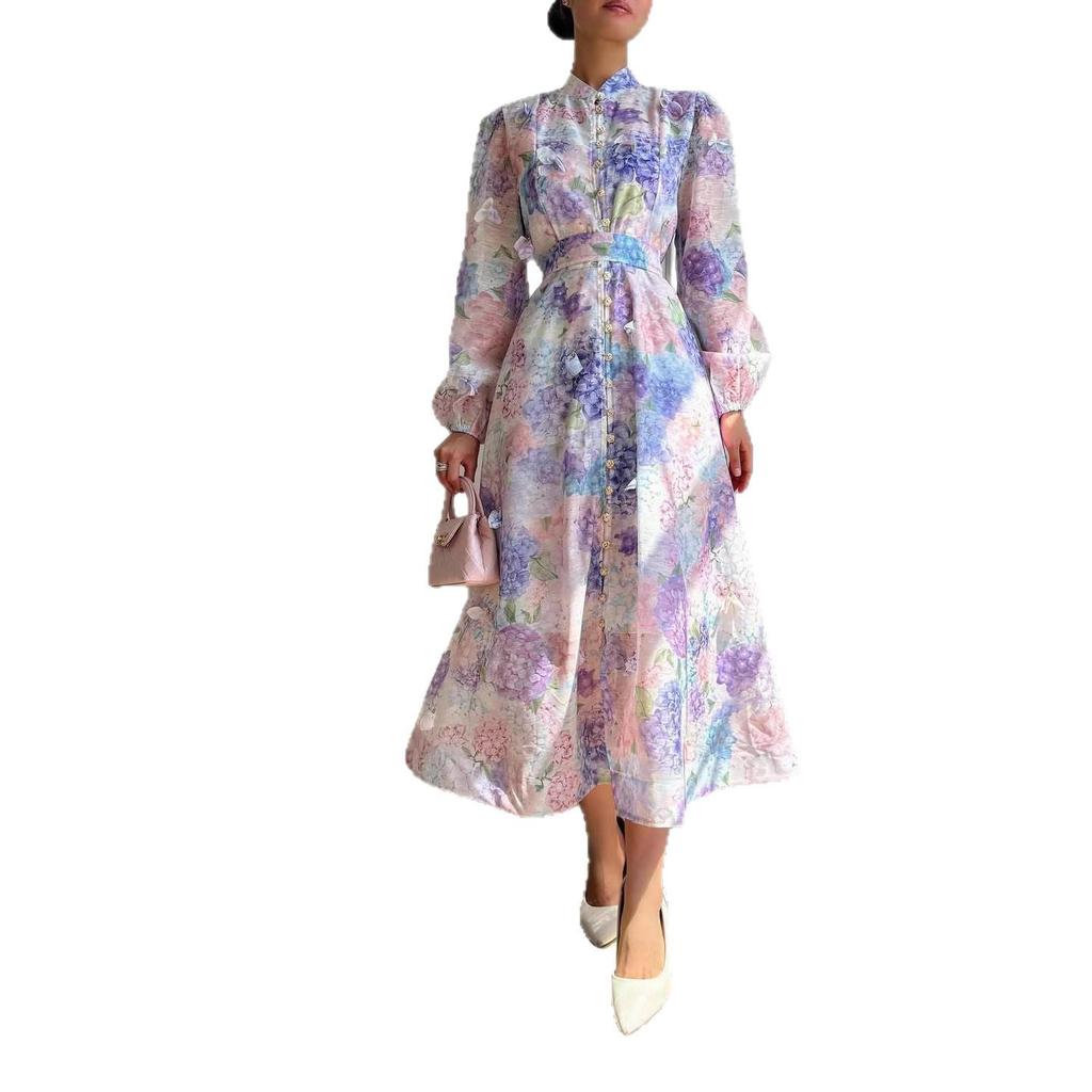 2025 Autumn Women's European & American Style Retro Semi-High Neck Print Elegant Dress