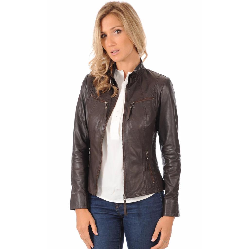 SKINOUTFIT Womens Leather Jacket Real Lambskin Biker Motorcycle Brown Slim Fit Ladies Coat