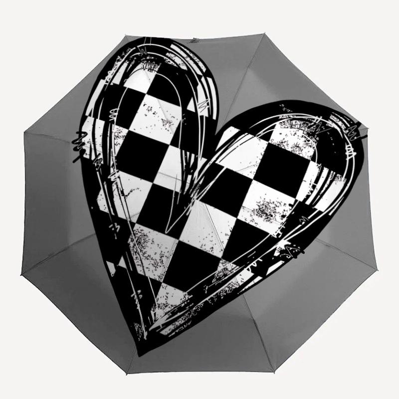 

1pc Heart Checkered Automatic Folding Umbrella with 8-Rib Windproof Design, Portable Foldable Sunshade Umbrella For Halloween 022