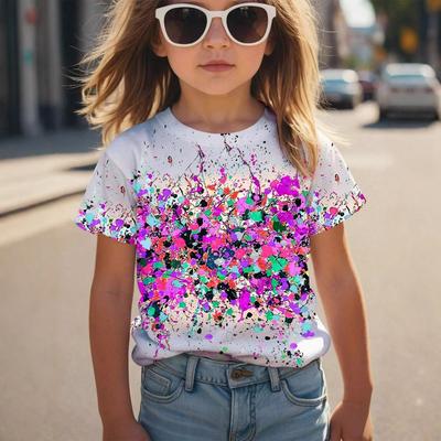 Top de Vară cu Gât Rotund, Imprimat Colorat 3D cu Pete, Modă Casual, Mânecă Scurtă, Tricouri pentru Fete Copii