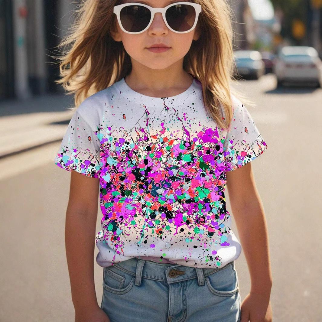 

Summer Round Neck 3D Colorful Splash Printed Top Fashionable Casual Short Sleeved Children s Girl T-shirts 110