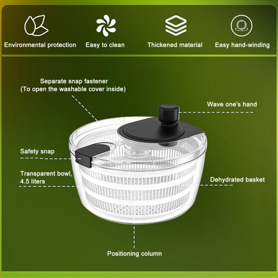 Salad Spinner Hand Dehydrator Large 4.2 Quart Transparent Bowl with Built-in Strainer Fruit And Veggie Dryer Easy to Clean Plastic Kitchen Tool