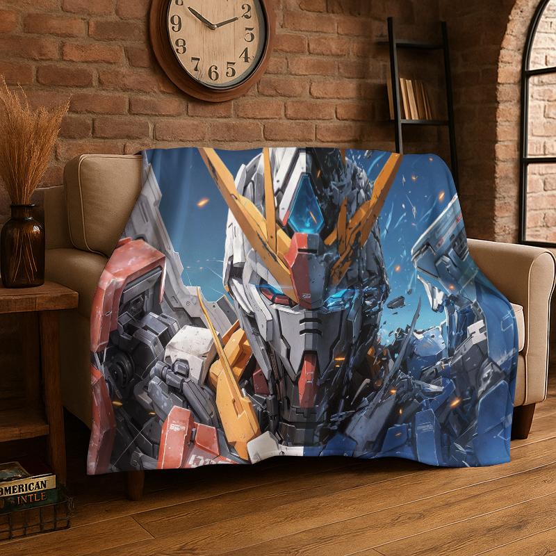 Classic Gundam Cartoon Robot Flannel Blanket Soft Warm Throw Blanket for Bedroom Living Room Bed Travel Camping Picnic Kids