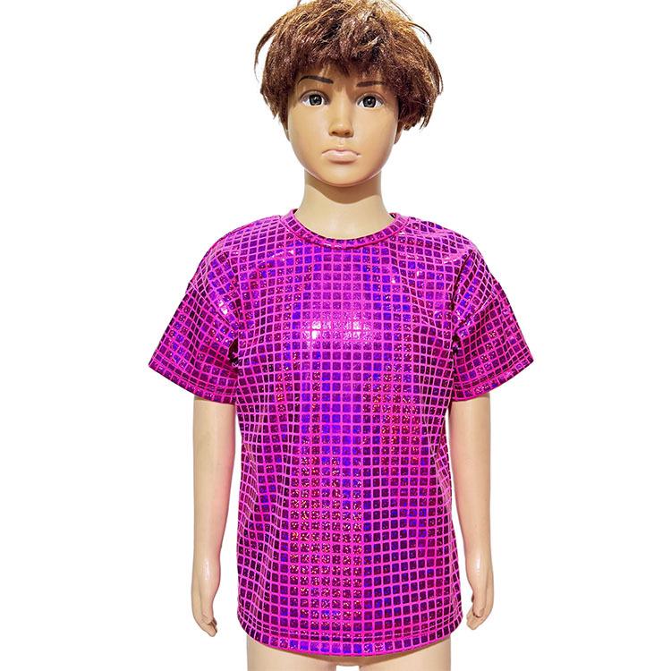 

Клетчатая футболка для чирлидинга с лазерными пайетками - Универсальная футболка с короткими рукавами для взрослых и детей 110cm розы красного