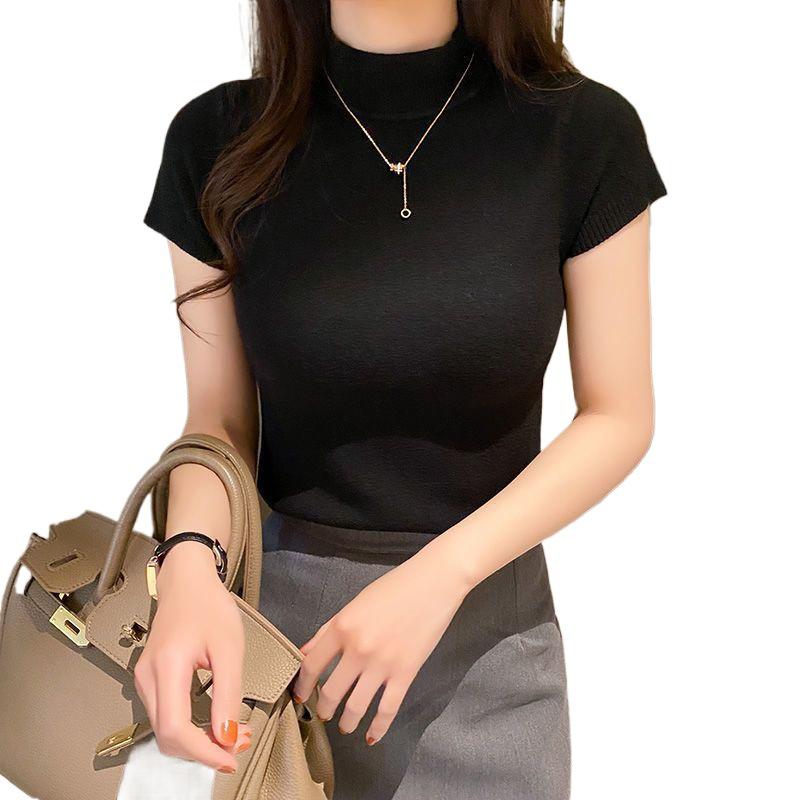 Women's Ice Silk Knit Slim Fit Short Sleeve Top - Half-High Collar, Stretchy, Solid Color