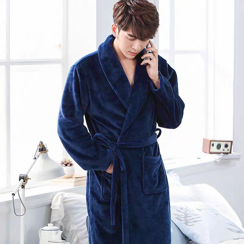 

Мужской махровый фланелевый халат средней длины из кораллового флиса на осень/зиму XXXL (160-180 jin) темно-синий