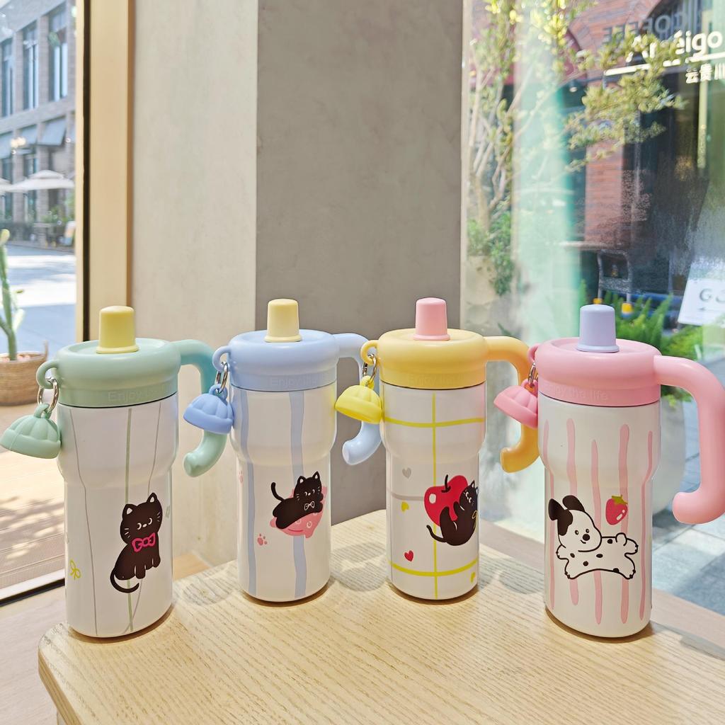 Floral Cartoon Handle Stainless Steel Vacuum Insulated Cup with Tea Infuser and Straw
