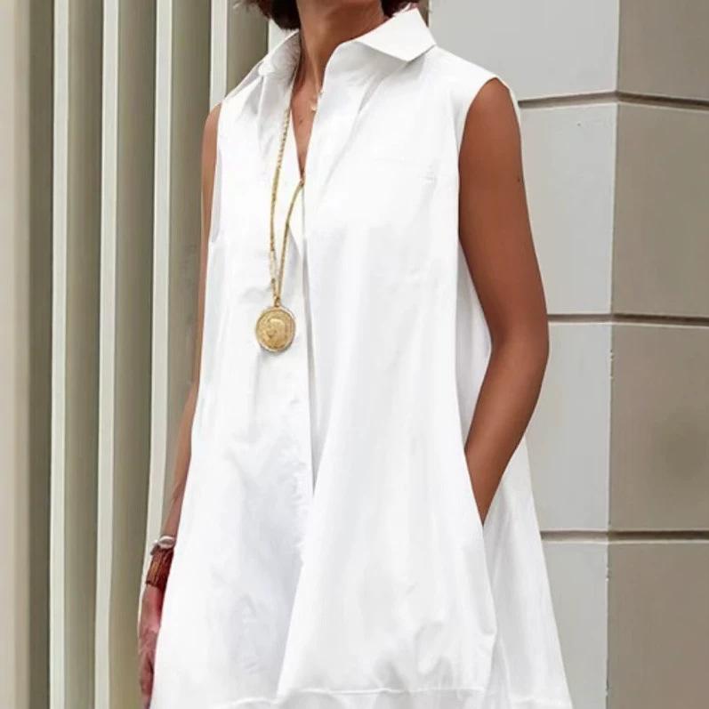 Summer New Product Solid Color Sleeveless Large Size Loose Lapel Medium and Long Women's Shirt Dress Vacation Style