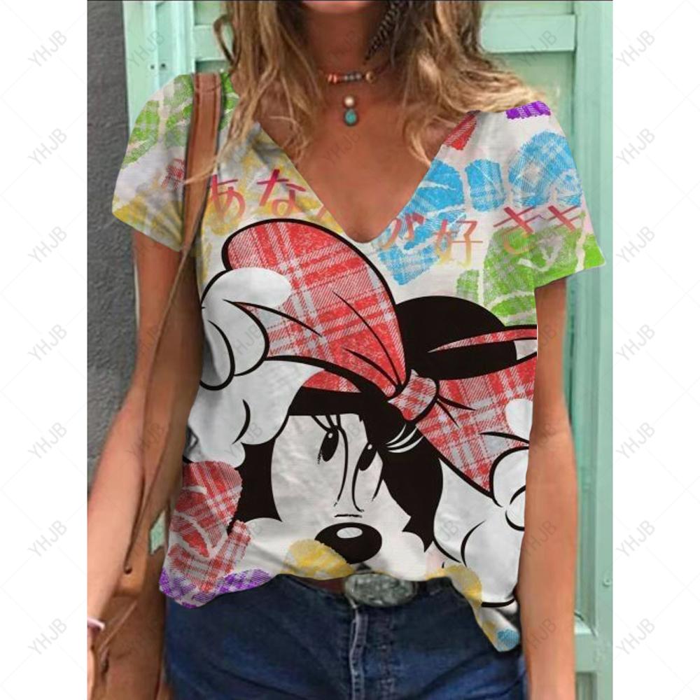 Sommer Ny Mote Dame V-hals Topp Kort Ermet T-skjorte Disney Mikke Mus Trykk Casual Gate Allsidighet Y2K Oversize-5XL
