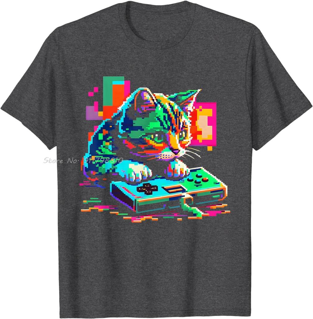 Nova Camiseta de Algodão de Verão Jogo Pixel Camisa Casual Arte de Gato Jogador Gatinho Camiseta Oversized Verão Roupa Masculina Tops Unissex