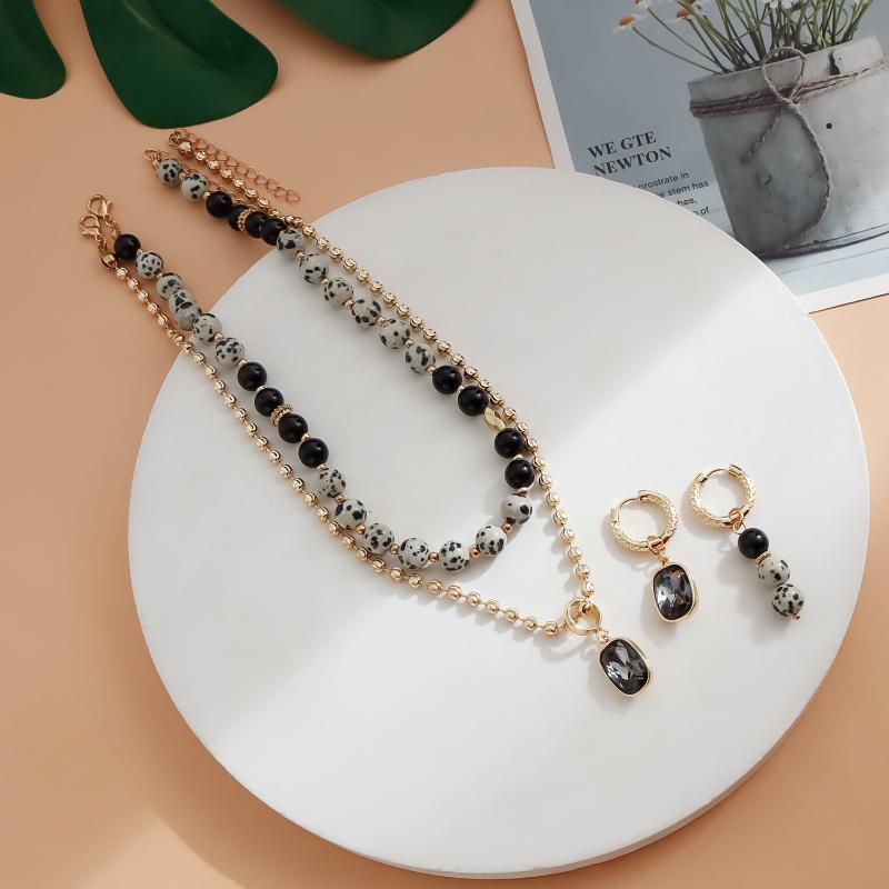 1/2Set Vintage Stone Black Bead Double Layer Necklace Style Jewelry For Women Daily Use