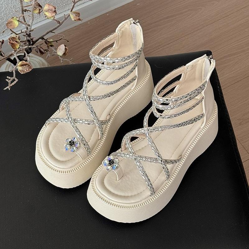 Summer Flower Sandals Women's Round Head Sequin Thin Strap Waterproof Table Back Zipper Non-slip Wedge Heels